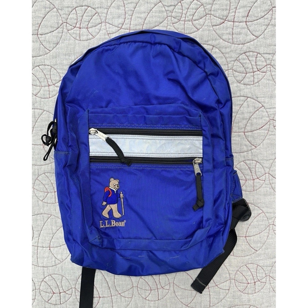 VTG 90โs Rare LL Bean Embroidered Bear Kidโs Childโs Backpack Blue